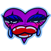 a purple heart sticker with red lips and blue eyes